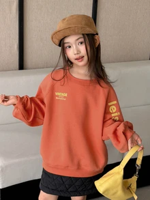 DAZY Tween Girl Letter Print Raglan Long Sleeve Casual Sweatshirt - Orange - View 1