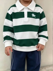 SHEIN Playful Pals 男童休閒條紋印花 Polo 領長袖衛衣，休閒學院風 Polo 衫，可愛設計半鈕扣長袖上衣，柔軟舒適面料，適合秋冬穿著，適合男童日常穿搭 - 綠色 - 查看 1