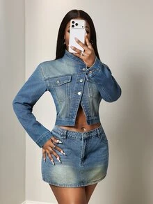 BamGleam Women's All-Season Small Stand Collar Multi-Pocket Button-Down Blue Denim Top - Medium Wash - View 6