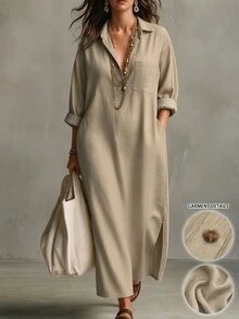 Linhara CURVE Women's Plus Size Casual Commute Blue Solid Color Lapel Long Sleeve Chest Pocket Hem Slit Design Long Dress Suitable For Spring And Autumn - Apricot - View 4