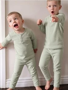 6 Sets Randomly Sent 1 Set Autumn/Winter Thickened Ribbed Boys Toddler Set Soft Comfortable Solid Color Fabric Casual Minimalist Faux Placket Long Sleeve Long Pants 2 Pieces Set Loungewear - Multicolor - View 6
