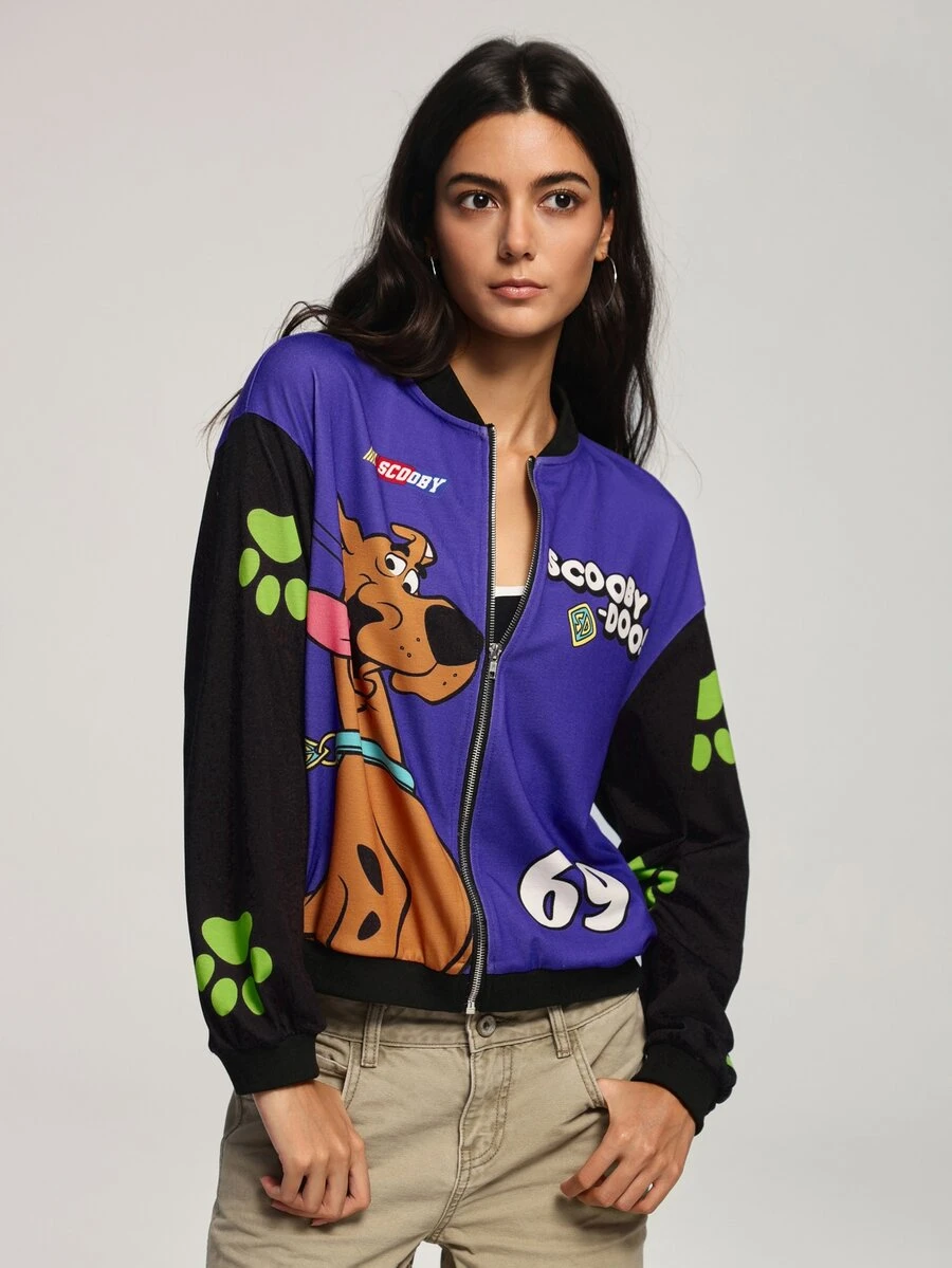 SCOOBY-DOO X SHEIN بلوزة رياضية نسائية بطبعة كرتونية وسحاب وأكمام طويلة - الأسود - مشاهدة 1