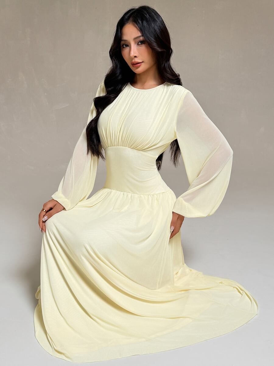 SHEIN PETITE Elegant Pale Yellow Mesh Dress For Petite Women-Perfect For Romantic Dates And Parties. - Light Yellow - View 1