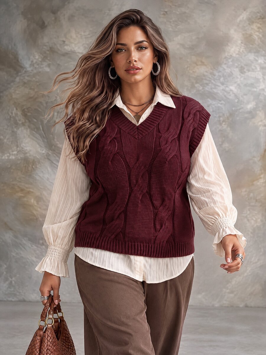 Ceyna Plus Size Women Solid Color Casual Daily Wear Knit Top - Burgundy - View 1