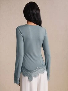 Poéselle 女款蕾絲拼接修身百搭休閒T恤，秋冬保暖內搭T恤，2026秋冬款 - 霧霾藍 - 查看 5
