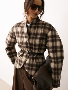 ATUI Studio Women's Fashion Plaid Long Sleeve Overcoat, Versatile - Brown - View 2
