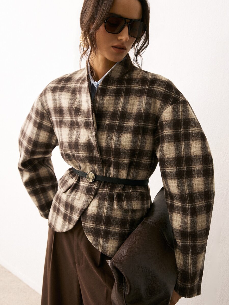 ATUI Studio Women's Fashion Plaid Long Sleeve Overcoat, Versatile - Brown - View 1