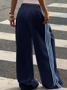 Muchica 女款海軍藍棉質針織寬腿運動長褲，休閒極簡風，適合秋冬穿著 - 彩色 - 查看 2