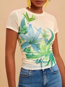 Travachic 女款花卉印花圓領時尚度假上衣 米色優雅熱帶性感 派對上衣 田園休閒上衣 - 彩色 - 查看 4