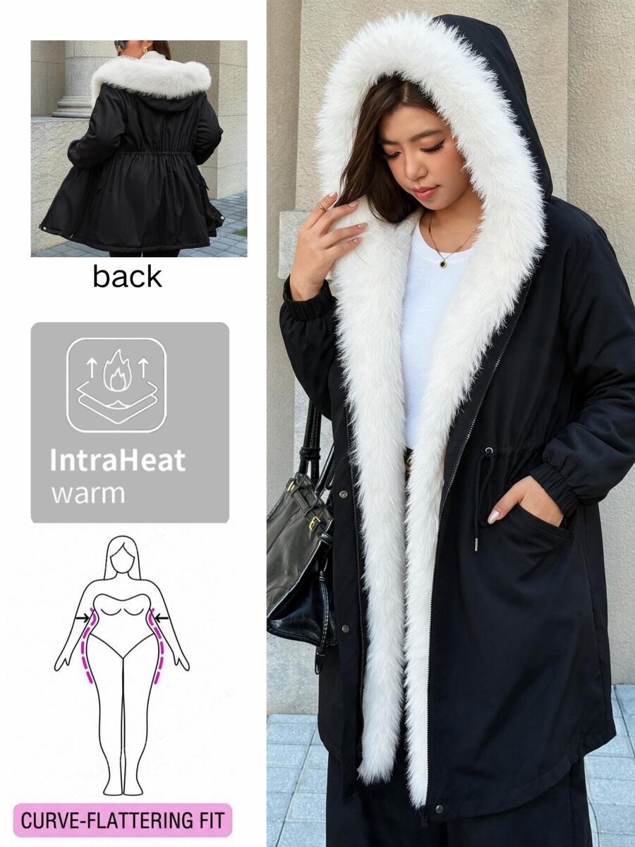 Easura Plus Size Autumn/Winter Long Sleeve Hooded Patchwork Faux Fur Padded Coat - Black - View 1