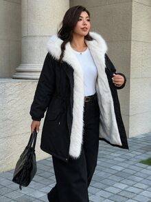 Easura Plus Size Autumn/Winter Long Sleeve Hooded Patchwork Faux Fur Padded Coat - Black - View 8