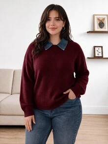 CosyJoli Áo len nữ size lớn phối màu cổ bẻ tay dài phong cách thường ngày cho mùa đông - Đỏ - Xem 2