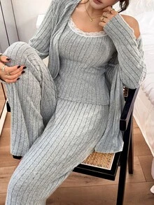 Napfluff Minimalist Elegant Vertical Striped Knit Pajama 3 Pieces Set, Comfortable Skin-Friendly Home Wear Cardigan Set - Grey - View 5