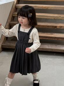 DAZY Infant/Toddler (Girl) Solid Color Pleated Casual Korean Style Layered Dress - Grey - View 1