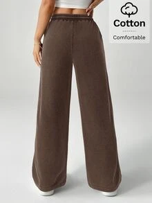 SHEIN PETITE 雪洗女款抽繩寬腿運動長褲，小碼女款 - 咖啡棕 - 查看 2