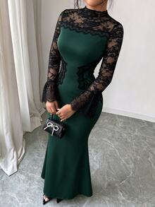 Modelyn 優雅高端女士風蕾絲拼接鏤空撞色長袖修身顯瘦女款正式長洋裝 - 墨綠色 - 查看 3