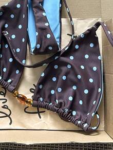 Swim Mod Women Brown And Blue Polka Dot Halter Tie Two Pieces Bikini Swimwear Bikini Set, - Multicolor - View 6