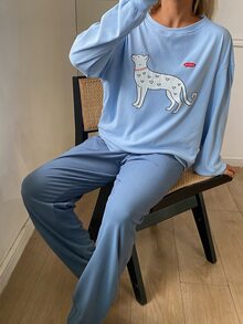 DAZY 2pcs/Set Women's Pajama Set With Heart Puppy Pattern Loose Long Sleeve Sweatshirt And Solid Color Straight Leg Long Pants Sleep Light Blue Cute Casual - Blue - View 5