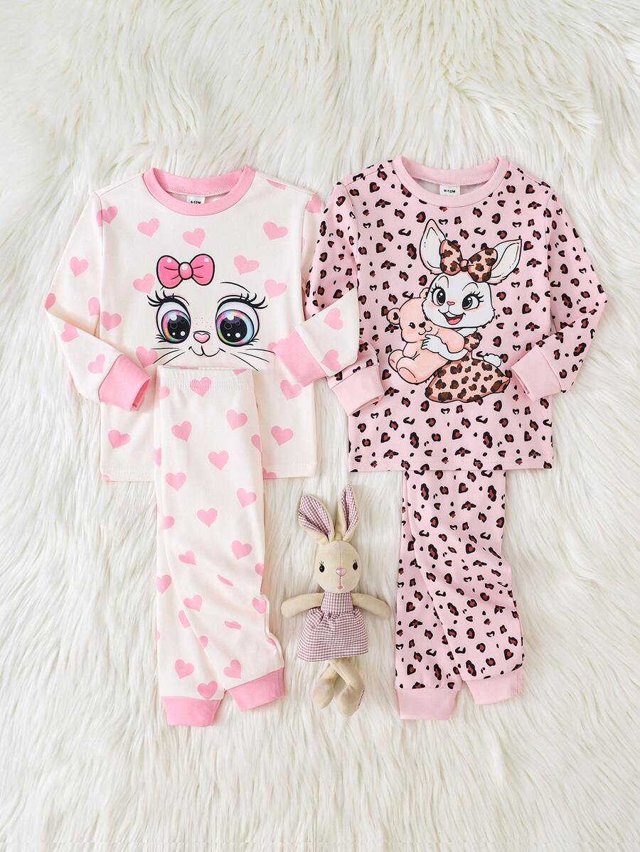 SHEIN Baby Girl Cute Cartoon Print Long Sleeve Top And Leggings 4-Piece Loungewear Set - Multicolor - View 1