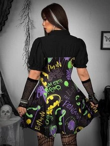 Whyspr BATMAN X SHEIN Plus Size Women's All-Over Print Fashion Party Dress Halloween - Multicolor - View 2