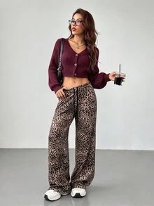 SHEIN PETITE White Lantern Sleeve Button Front Rib Knit Cardigan Open Shoulder Sweater In Autumn Petite Women Date Day Everyday Going Out Daily Wear Casual Sexy - Red Violet - View 4