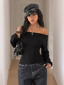 Elamini Casual Versatile Off Shoulder Back Lace-Up Black Lace Women's Sweatshirt - Black - View 4