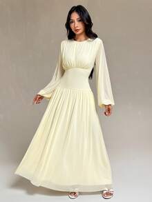 SHEIN PETITE Elegant Pale Yellow Mesh Dress For Petite Women-Perfect For Romantic Dates And Parties. - Light Yellow - View 4