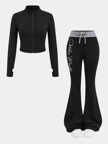 SHEIN Pakaian Anak Perempuan Remaja Musim Gugur/Dingin: Jaket Rajut Kasual Sehari-hari dengan Motif Huruf Warna Hitam Polos dan Celana Panjang Model Flare dengan Potongan Warna di Pinggang, Cocok untuk Kembali ke Sekolah. - Hitam - View 4