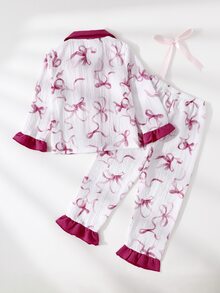 SHEIN 甜美風蝴蝶結印花少女長袖開襟衫與長褲兩件套，休閒舒適居家服 - 淺粉色 - 查看 3