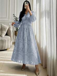 Modelyn Women Dusty Blue V Neck Ruffle Long Sleeve Midi Dress, Elegant Flowy A Line Fall Dress, Modest Wedding Guest Evening Party Dress For Autumn - Blue - View 6
