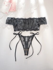 PetitDoll 女款唇形提花網紗內衣套裝，附綁帶丁字褲，2件組 - 深灰色 - 查看 2