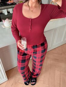 Slumberry CURVE Plus Size Women's Casual Home Plaid Long Sleeve Long Pants Pajama Set - Red - View 4