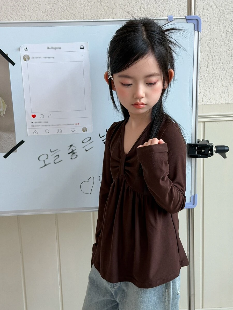 Dazy Kids Tween Girl) V-Neck Design A-Line Hem Long Sleeve Inner Layer Autumn T-Shirt - Brown - View 1