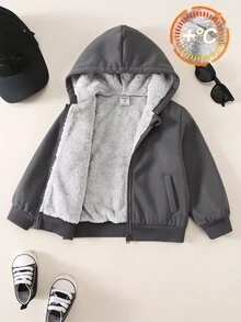 SHEIN 中性嬰兒男/女童加厚抓絨休閒黑色連帽冬季夾克，抓絨，加厚 - 彩色 - 查看 7