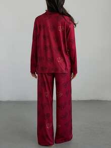 DAZY Women's Leopard Print Button-Up Top And Long Pants Pajama Set - Red - View 2