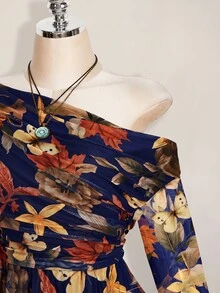SHEIN ICON 大尺碼 Y2K 楓葉印花網紗長袖洋裝，復古休閒修身連身裙，適合春秋穿著 - 藏蓝色 - 查看 5