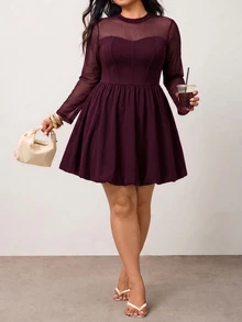Enliva Plus Size Women's Solid Color Round Neck Long Sleeve Mesh Fashion Dress/Autumn /Winter Fall - Red Violet - View 3