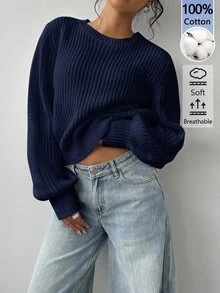 SHEIN BASICS 女款圓領長袖純色毛衣，純白色，適合早午餐、學校、居家、日常穿著，秋季休閒基礎款，畢業大學風 - 藏蓝色 - 查看 5