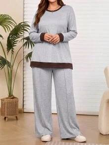 Rosumi 大尺碼女款 2 件組棕色秋季修身休閒居家服，對比色連帽衛衣與寬腿運動長褲套裝，附口袋，舒適居家套裝 - 灰色 - 查看 5