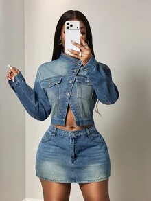 BamGleam Women's All-Season Small Stand Collar Multi-Pocket Button-Down Blue Denim Top - Medium Wash - View 1