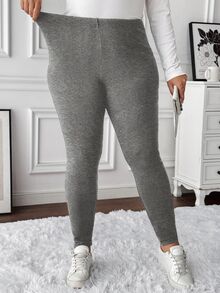 SHEIN LUNE 大尺碼女款純色保暖內裡休閒百搭日常穿著緊身褲 正式度假巧克力棕色冬季 - 灰色 - 查看 4