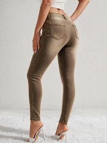 SHEIN Essnce Women's High Waist Pocket Slim Fit Casual Versatile Denim Jeans - Brown - View 2