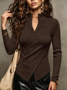SHEIN Women's Semi-High Neck Asymmetric Knit Base Layer Top, Slim Fit Asymmetrical Hem Long Sleeve Elegant Innerwear - Brown - View 3