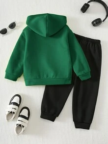 SHEIN 兒童小男孩冬季保暖運動套裝，亮綠色拉鍊連帽外套搭配黑色運動長褲，適合秋季 - 彩色 - 查看 2