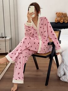Napfluff Casual Heart Print Velvet Contrast Patchwork Long Sleeve Pants Pajama Set For Women - Baby Pink - View 1