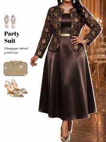 Fleurora Plus Size Women's Jacquard Open Front Jacket And Dress Elegant 2 Pieces Set Christmas - Coffee Brown - View 5
