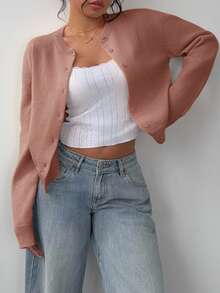 SHEIN Tall CURVE 大尺碼休閒 80 年代寬鬆柔軟正常版型純色圓領長袖短版女款黃色針織開襟衫 秋冬春季辦公通勤 - 藕粉色 - 查看 3