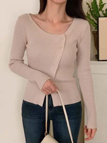 DAZY 女款春秋休閒純色斜肩開襟衫長袖上衣，秋季女裝 - 粉色 - 查看 4
