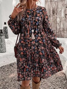 SHEIN VCAY Casual Minimalist Ditsy Floral Pattern Loose Fit Plus Size Round Neck Dress, Suitable For Autumn/Winter - Multicolor - View 1