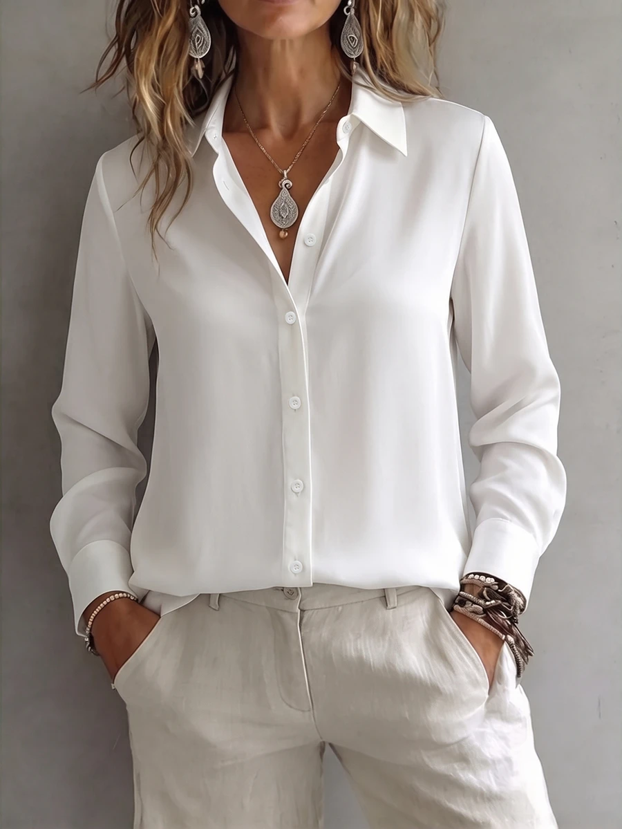Omancia Women's Solid Color Casual Versatile Daily Wear Shirt - White - View 1
